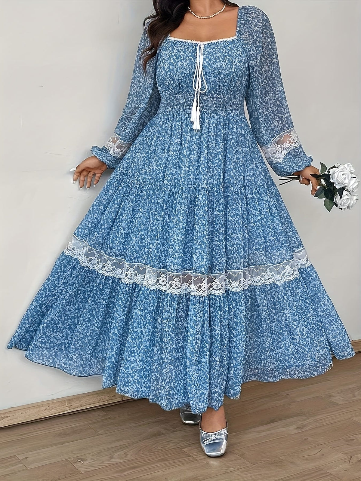 jkthpu-45 Plus Size - Plus Size - Plus Size, Women'S Elegant Floral-like dress - Long Sleeve A-Line party & Formal Dresses, Flared Hem, All-Season Formal & Everyday Outfits - Women'S Formal Attire, Special Occasion Dress, Feminine Design, Delicate Detailing, Pullov