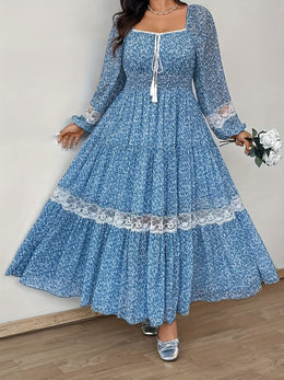 jkthpu-45 Plus Size - Plus Size - Plus Size, Women'S Elegant Floral-like dress - Long Sleeve A-Line party & Formal Dresses, Flared Hem, All-Season Formal & Everyday Outfits - Women'S Formal Attire, Special Occasion Dress, Feminine Design, Delicate Detailing, Pullov