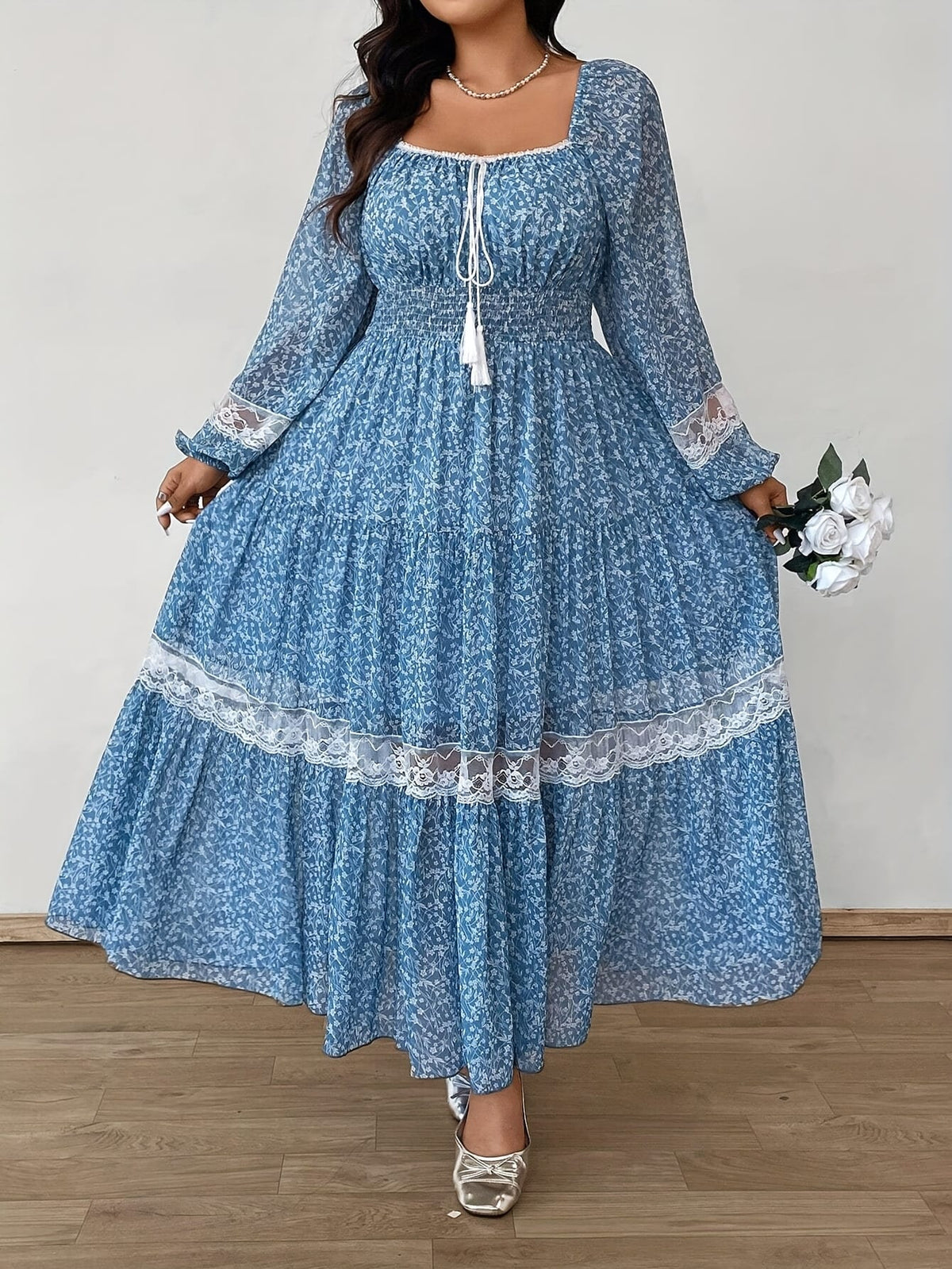 jkthpu-45 Plus Size - Plus Size - Plus Size, Women'S Elegant Floral-like dress - Long Sleeve A-Line party & Formal Dresses, Flared Hem, All-Season Formal & Everyday Outfits - Women'S Formal Attire, Special Occasion Dress, Feminine Design, Delicate Detailing, Pullov