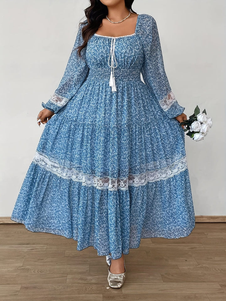 Plus Size - Plus Size - Plus Size, Women'S Elegant Floral-like dress - Long Sleeve A-Line party & Formal Dresses, Flared Hem, All-Season Formal & Everyday Outfits - Women'S Formal Attire, Special Occasion Dress, Feminine Design, Delicate Detailing, Pullov