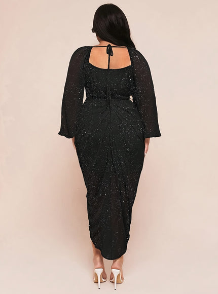 jkthpu-45 Plus Size - Plus Size - Plus Size, Women'S Elegant Party & Date Night Dress - Formal Evening Gown with Draped Neck, Asymmetrical Hem Slit, Long Sleeve Formal event, Halloween, Wedding, Prom - Plus Size Friendly Glamorous Evening Attire, Dresses for Weddin