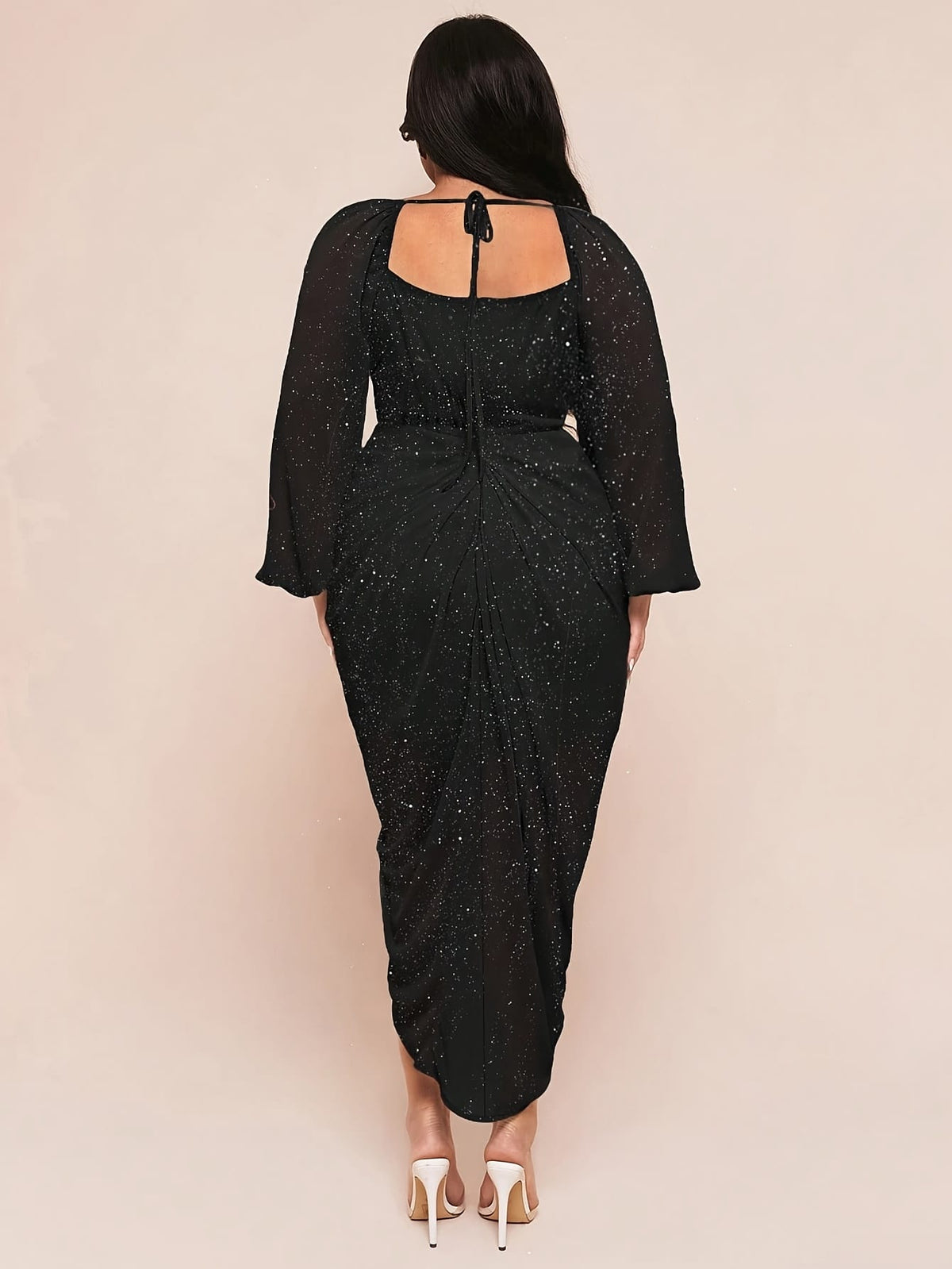 jkthpu-45 Plus Size - Plus Size - Plus Size, Women'S Elegant Party & Date Night Dress - Formal Evening Gown with Draped Neck, Asymmetrical Hem Slit, Long Sleeve Formal event, Halloween, Wedding, Prom - Plus Size Friendly Glamorous Evening Attire, Dresses for Weddin