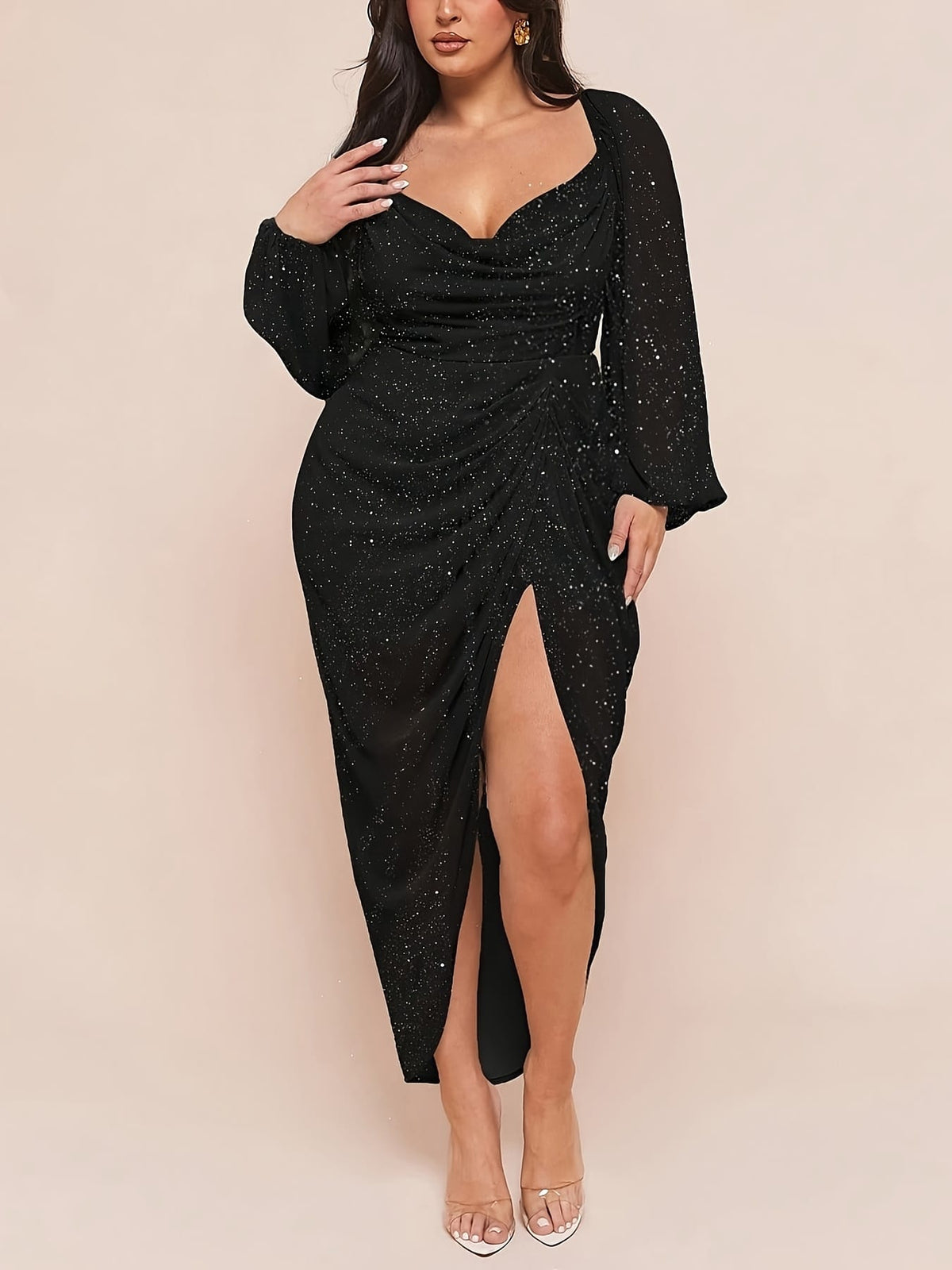 jkthpu-45 Plus Size - Plus Size - Plus Size, Women'S Elegant Party & Date Night Dress - Formal Evening Gown with Draped Neck, Asymmetrical Hem Slit, Long Sleeve Formal event, Halloween, Wedding, Prom - Plus Size Friendly Glamorous Evening Attire, Dresses for Weddin