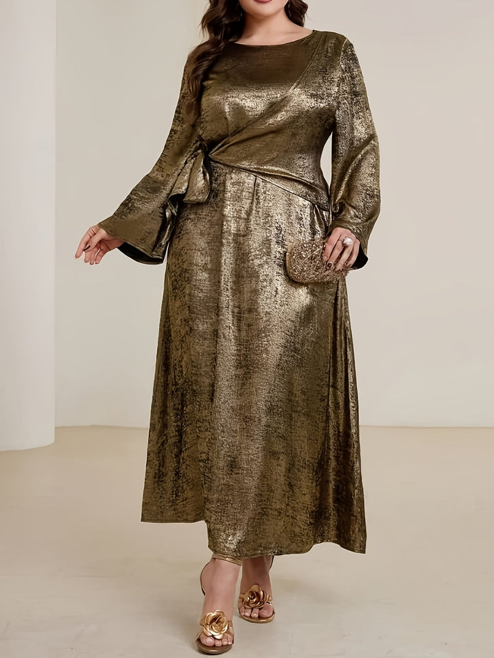 Plus Size - Plus Size - Plus Size, Women'S Elegant Plus Size Formal & Everyday Maxi Dress - Long Flowy Non-Stretchy Party, Office, Wedding Attire - Flattering Fit with Waist Tie Belt - All-Season Formal & Casual Outfits, Office Wear, Flared Sleeves, Shiny