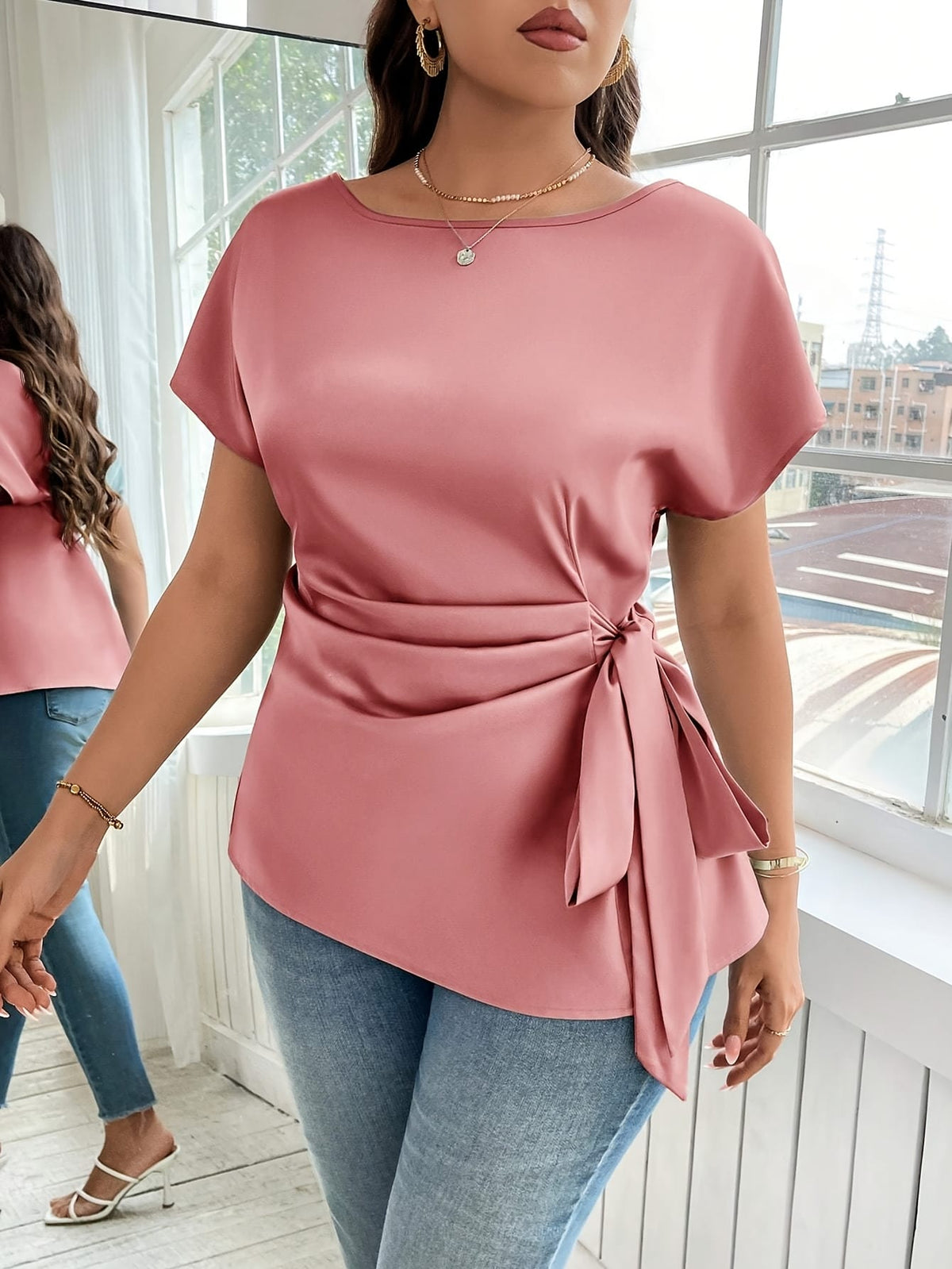 jkthpu-45 Plus Size - Plus Size - Plus Size - Women'S Elegant Satin Blouse with Bow Detail - Short Sleeve, Round Neck, Light Green, Perfect for Business Casual, Summer Outings, and Vacation Wear, Vacation Attire | Elegant Blouse | Satin Finish, Elegant Blouse For C