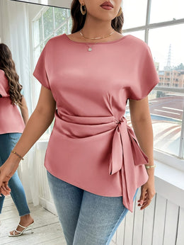 jkthpu-45 Plus Size - Plus Size - Plus Size - Women'S Elegant Satin Blouse with Bow Detail - Short Sleeve, Round Neck, Light Green, Perfect for Business Casual, Summer Outings, and Vacation Wear, Vacation Attire | Elegant Blouse | Satin Finish, Elegant Blouse For C
