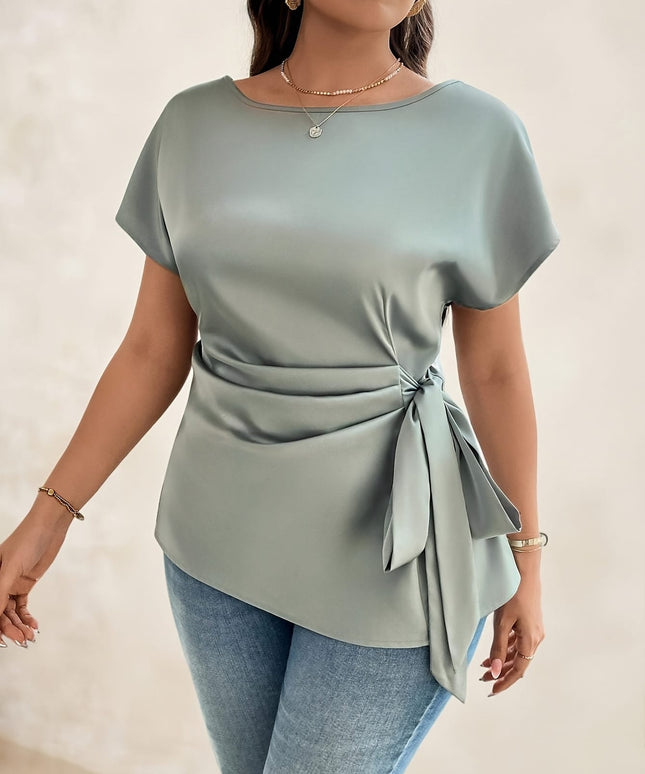 jkthpu-45 Plus Size - Plus Size - Plus Size - Women'S Elegant Satin Blouse with Bow Detail - Short Sleeve, Round Neck, Light Green, Perfect for Business Casual, Summer Outings, and Vacation Wear, Vacation Attire | Elegant Blouse | Satin Finish, Elegant Blouse For C