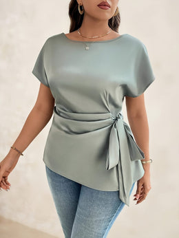jkthpu-45 Plus Size - Plus Size - Plus Size - Women'S Elegant Satin Blouse with Bow Detail - Short Sleeve, Round Neck, Light Green, Perfect for Business Casual, Summer Outings, and Vacation Wear, Vacation Attire | Elegant Blouse | Satin Finish, Elegant Blouse For C