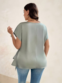 jkthpu-45 Plus Size - Plus Size - Plus Size - Women'S Elegant Satin Blouse with Bow Detail - Short Sleeve, Round Neck, Light Green, Perfect for Business Casual, Summer Outings, and Vacation Wear, Vacation Attire | Elegant Blouse | Satin Finish, Elegant Blouse For C