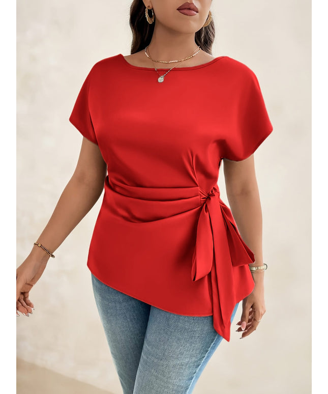 jkthpu-45 Plus Size - Plus Size - Plus Size - Women'S Elegant Satin Blouse with Bow Detail - Short Sleeve, Round Neck, Light Green, Perfect for Business Casual, Summer Outings, and Vacation Wear, Vacation Attire | Elegant Blouse | Satin Finish, Elegant Blouse For C