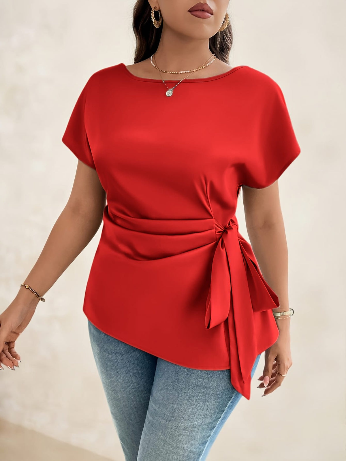 jkthpu-45 Plus Size - Plus Size - Plus Size - Women'S Elegant Satin Blouse with Bow Detail - Short Sleeve, Round Neck, Light Green, Perfect for Business Casual, Summer Outings, and Vacation Wear, Vacation Attire | Elegant Blouse | Satin Finish, Elegant Blouse For C