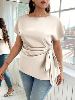 jkthpu-45 Plus Size - Plus Size - Plus Size - Women'S Elegant Satin Blouse with Bow Detail - Short Sleeve, Round Neck, Light Green, Perfect for Business Casual, Summer Outings, and Vacation Wear, Vacation Attire | Elegant Blouse | Satin Finish, Elegant Blouse For C