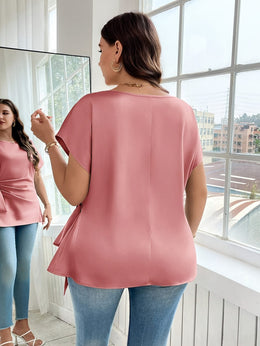 jkthpu-45 Plus Size - Plus Size - Plus Size - Women'S Elegant Satin Blouse with Bow Detail - Short Sleeve, Round Neck, Light Green, Perfect for Business Casual, Summer Outings, and Vacation Wear, Vacation Attire | Elegant Blouse | Satin Finish, Elegant Blouse For C