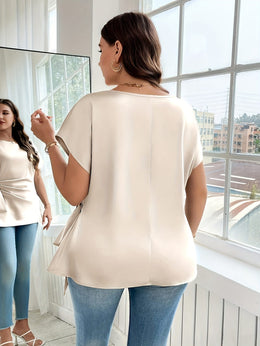 jkthpu-45 Plus Size - Plus Size - Plus Size - Women'S Elegant Satin Blouse with Bow Detail - Short Sleeve, Round Neck, Light Green, Perfect for Business Casual, Summer Outings, and Vacation Wear, Vacation Attire | Elegant Blouse | Satin Finish, Elegant Blouse For C