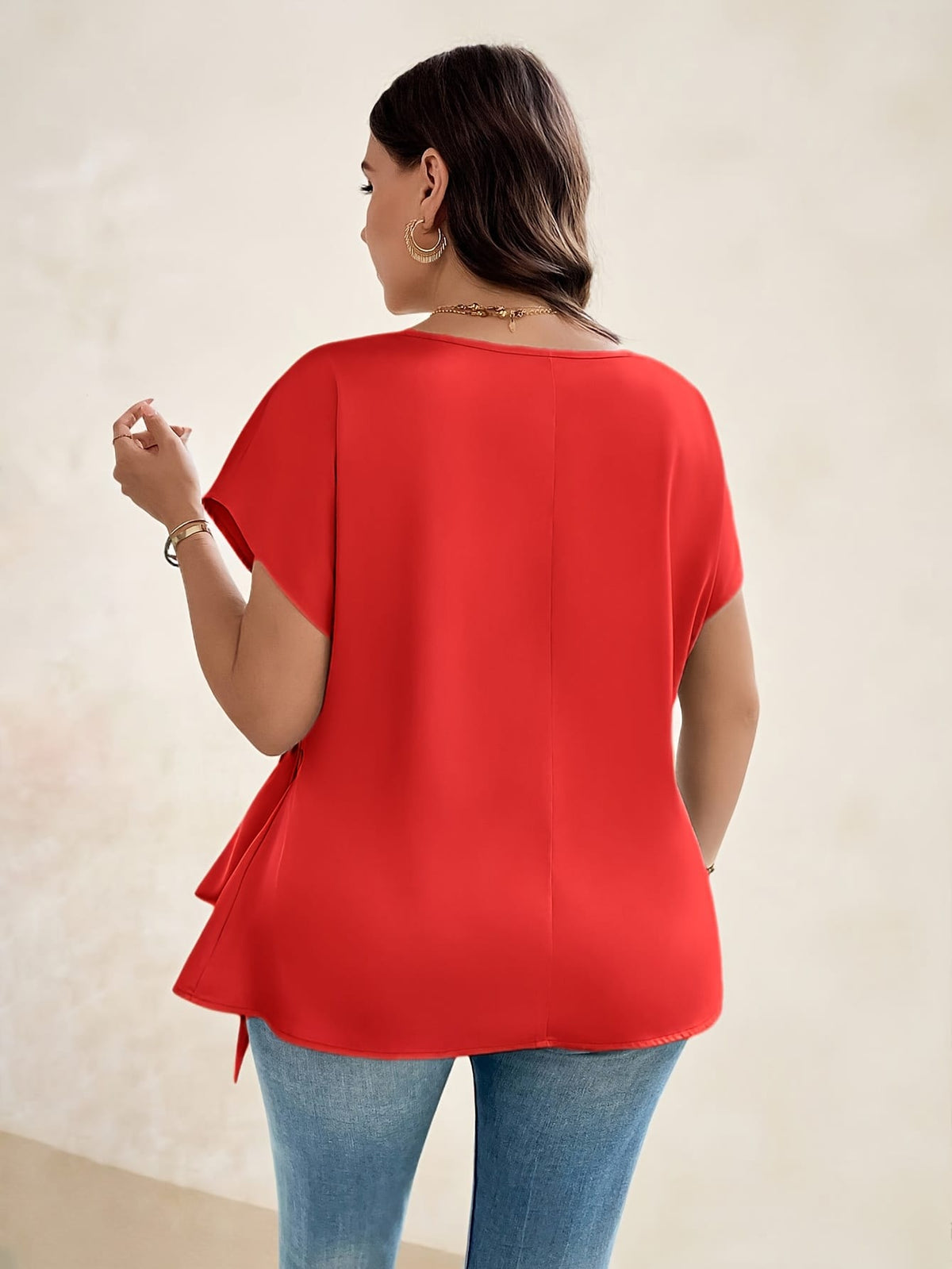 jkthpu-45 Plus Size - Plus Size - Plus Size - Women'S Elegant Satin Blouse with Bow Detail - Short Sleeve, Round Neck, Light Green, Perfect for Business Casual, Summer Outings, and Vacation Wear, Vacation Attire | Elegant Blouse | Satin Finish, Elegant Blouse For C