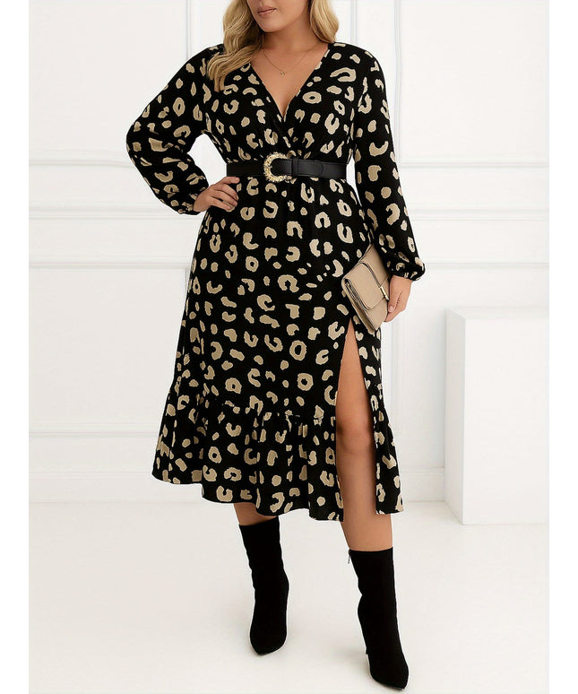 jkthpu-45 Plus Size - Plus Size - Plus Size Women'S Leopard Print V-Neck Lantern Sleeve Midi Dress with Frill Hem & Beltless Design - Bohemian Style Long Dress for Fall, Perfect for Commuting, Parties, Dates, and Vacations, Casual Elegant Wear, Party Attire, Nonstr