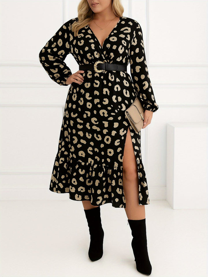 Plus Size - Plus Size - Plus Size Women'S Leopard Print V-Neck Lantern Sleeve Midi Dress with Frill Hem & Beltless Design - Bohemian Style Long Dress for Fall, Perfect for Commuting, Parties, Dates, and Vacations, Casual Elegant Wear, Party Attire, Nonstr