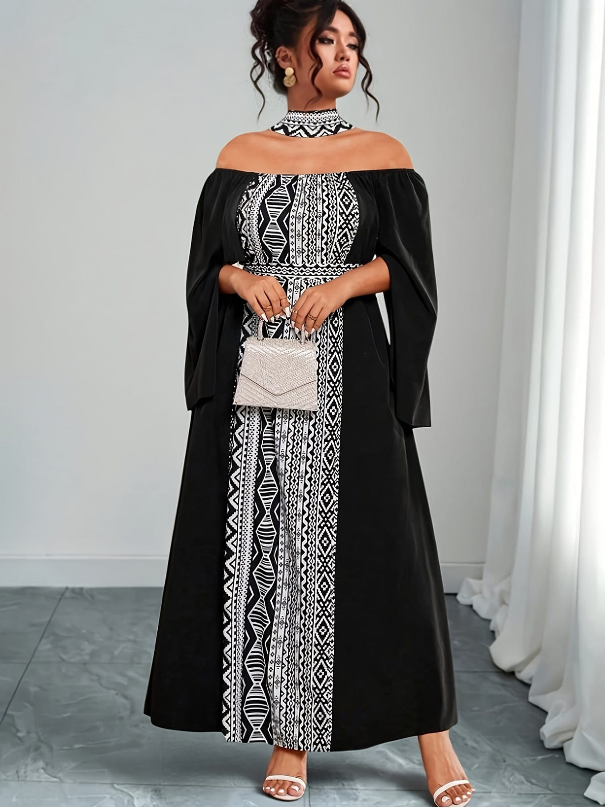 jkthpu-45 Plus Size - Plus Size - Plus Size, Women'S Plus Size Elegant Off-the-Shoulder Maxi Dress - Formal & Casual Party Wedding Outfit, Black & White Contrast, Flared Hem, Non-Stretchy Fabric for Evening Events & Casual Attire, Dresses for Wedding, Special Occas