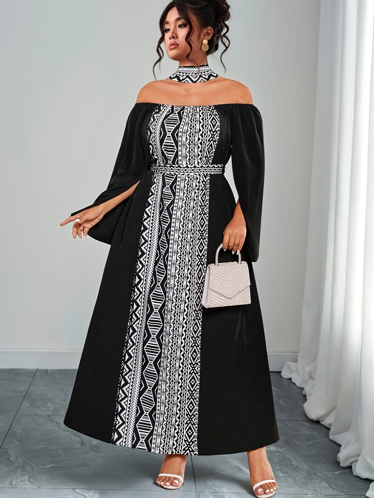 jkthpu-45 Plus Size - Plus Size - Plus Size, Women'S Plus Size Elegant Off-the-Shoulder Maxi Dress - Formal & Casual Party Wedding Outfit, Black & White Contrast, Flared Hem, Non-Stretchy Fabric for Evening Events & Casual Attire, Dresses for Wedding, Special Occas