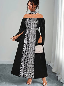 jkthpu-45 Plus Size - Plus Size - Plus Size, Women'S Plus Size Elegant Off-the-Shoulder Maxi Dress - Formal & Casual Party Wedding Outfit, Black & White Contrast, Flared Hem, Non-Stretchy Fabric for Evening Events & Casual Attire, Dresses for Wedding, Special Occas
