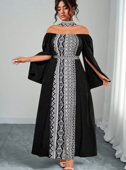 jkthpu-45 Plus Size - Plus Size - Plus Size, Women'S Plus Size Elegant Off-the-Shoulder Maxi Dress - Formal & Casual Party Wedding Outfit, Black & White Contrast, Flared Hem, Non-Stretchy Fabric for Evening Events & Casual Attire, Dresses for Wedding, Special Occas
