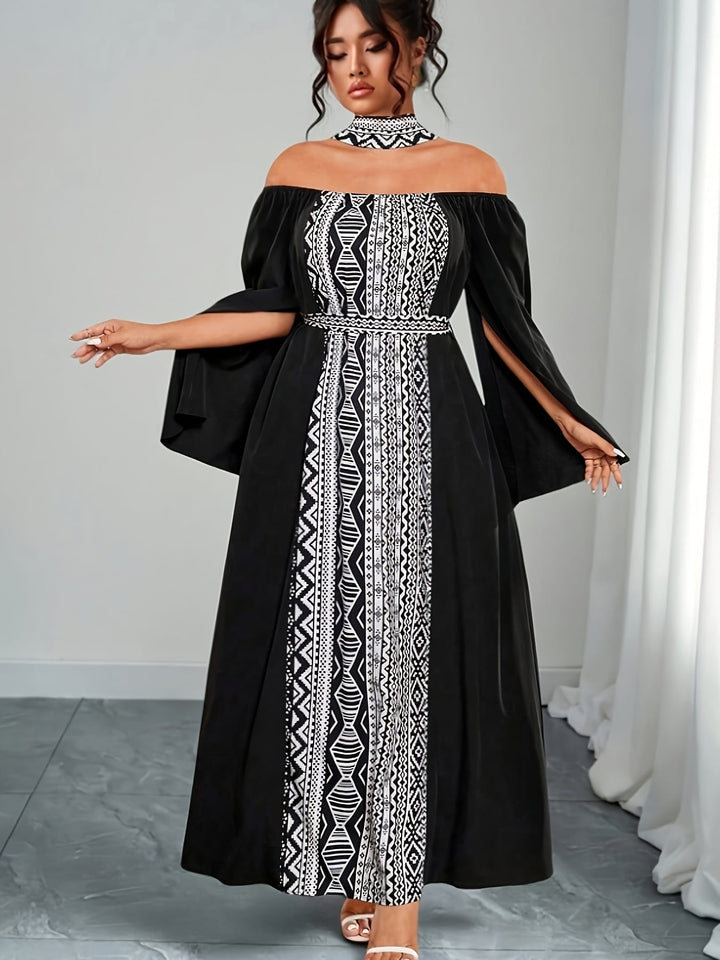 Plus Size - Plus Size - Plus Size, Women'S Plus Size Elegant Off-the-Shoulder Maxi Dress - Formal & Casual Party Wedding Outfit, Black & White Contrast, Flared Hem, Non-Stretchy Fabric for Evening Events & Casual Attire, Dresses for Wedding, Special Occas