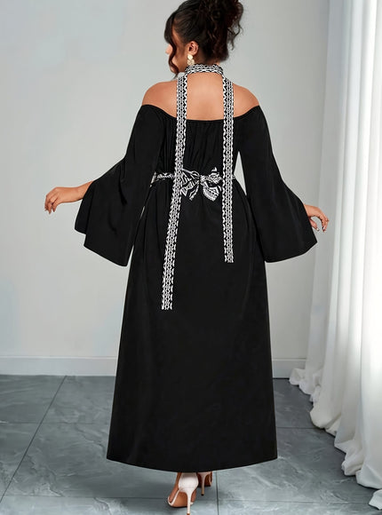 jkthpu-45 Plus Size - Plus Size - Plus Size, Women'S Plus Size Elegant Off-the-Shoulder Maxi Dress - Formal & Casual Party Wedding Outfit, Black & White Contrast, Flared Hem, Non-Stretchy Fabric for Evening Events & Casual Attire, Dresses for Wedding, Special Occas