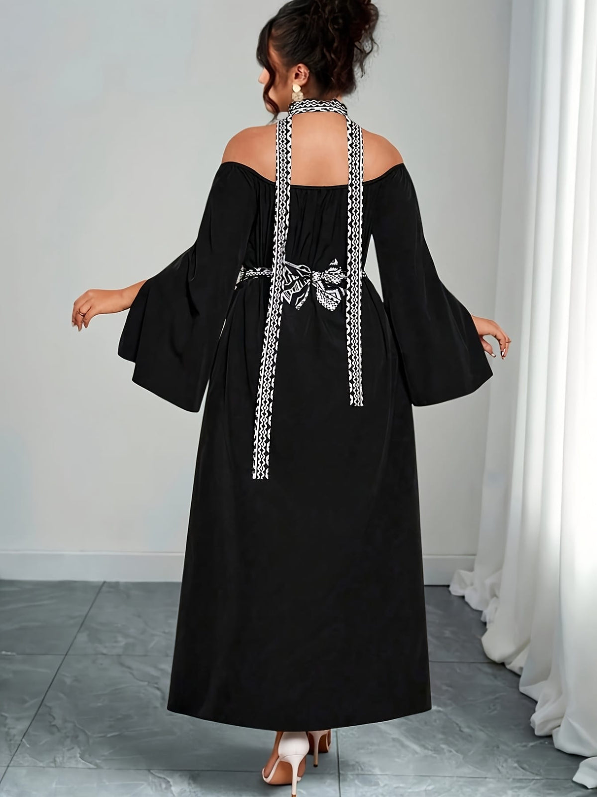 jkthpu-45 Plus Size - Plus Size - Plus Size, Women'S Plus Size Elegant Off-the-Shoulder Maxi Dress - Formal & Casual Party Wedding Outfit, Black & White Contrast, Flared Hem, Non-Stretchy Fabric for Evening Events & Casual Attire, Dresses for Wedding, Special Occas