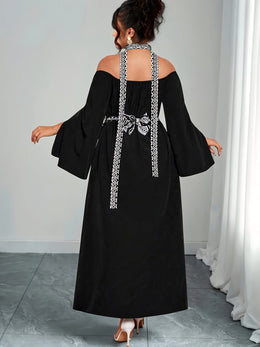 jkthpu-45 Plus Size - Plus Size - Plus Size, Women'S Plus Size Elegant Off-the-Shoulder Maxi Dress - Formal & Casual Party Wedding Outfit, Black & White Contrast, Flared Hem, Non-Stretchy Fabric for Evening Events & Casual Attire, Dresses for Wedding, Special Occas