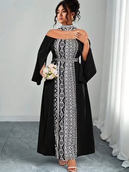 jkthpu-45 Plus Size - Plus Size - Plus Size, Women'S Plus Size Elegant Off-the-Shoulder Maxi Dress - Formal & Casual Party Wedding Outfit, Black & White Contrast, Flared Hem, Non-Stretchy Fabric for Evening Events & Casual Attire, Dresses for Wedding, Special Occas