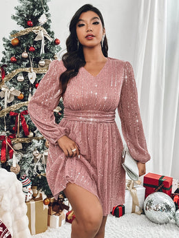 jkthpu-45 Plus Size - Plus Size - Plus Size, Women'S Plus Size Elegant Party Dress - Formal Evening gown with V-Neck & Lantern Sleeves, Flattering Fit for Galas, Weddings, Proms - Year-Round Formal Attire, Wedding Guest Outfit, Glamorous Design, Shimmering Fabric,