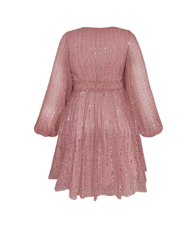 jkthpu-45 Plus Size - Plus Size - Plus Size, Women'S Plus Size Elegant Party Dress - Formal Evening gown with V-Neck & Lantern Sleeves, Flattering Fit for Galas, Weddings, Proms - Year-Round Formal Attire, Wedding Guest Outfit, Glamorous Design, Shimmering Fabric,