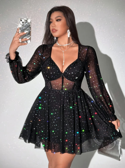jkthpu-45 Plus Size - Plus Size - Plus Size Women'S V-Neck Long Sleeve Bodycon Mini Party Dress, Sequin Sheer Sexy Short Skirt