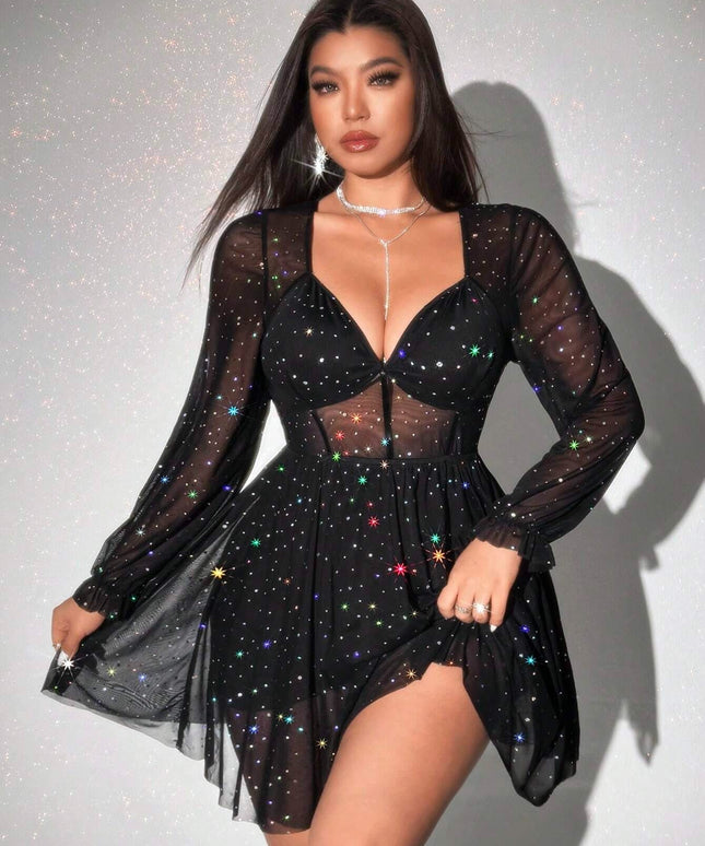 jkthpu-45 Plus Size - Plus Size - Plus Size Women'S V-Neck Long Sleeve Bodycon Mini Party Dress, Sequin Sheer Sexy Short Skirt