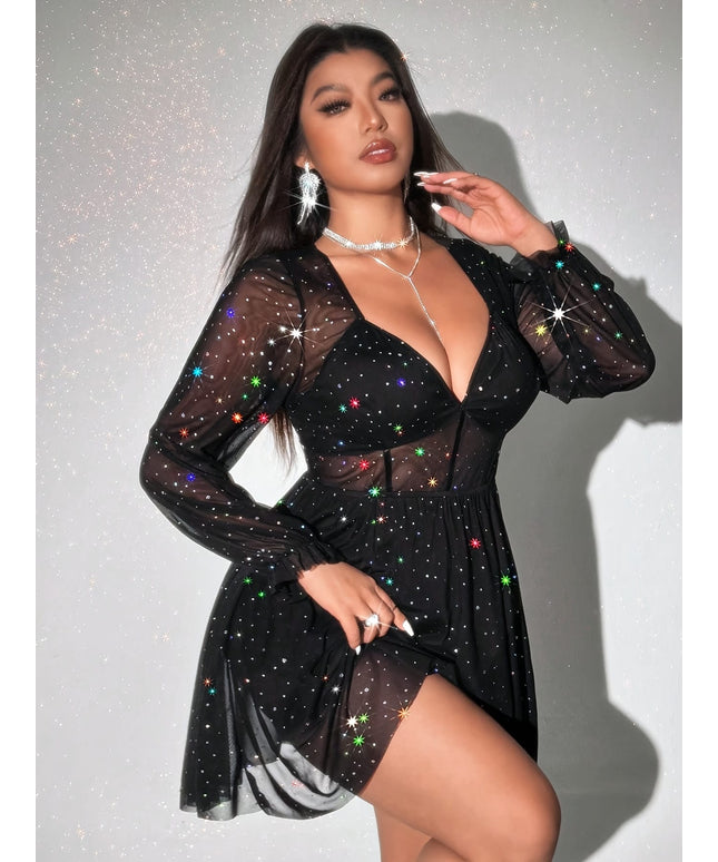 jkthpu-45 Plus Size - Plus Size - Plus Size Women'S V-Neck Long Sleeve Bodycon Mini Party Dress, Sequin Sheer Sexy Short Skirt