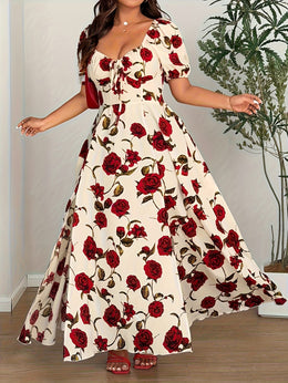 jkthpu-45 Plus Size, Plus Size Summer Elegant Rose Print Off-Shoulder Slit Dress