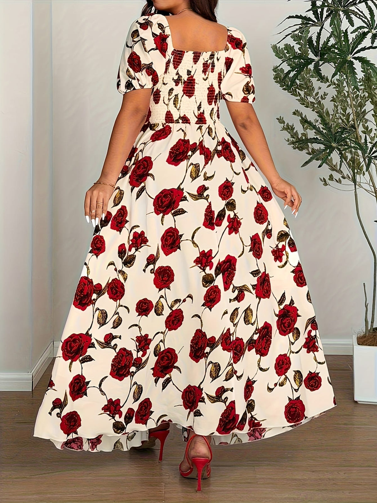 jkthpu-45 Plus Size, Plus Size Summer Elegant Rose Print Off-Shoulder Slit Dress