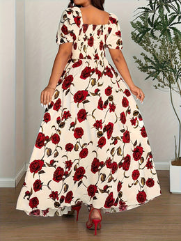 jkthpu-45 Plus Size, Plus Size Summer Elegant Rose Print Off-Shoulder Slit Dress