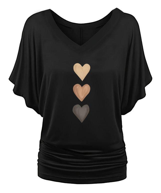 KissICON Plus Size, Plus Size Trendy V-Neck Batwing Sleeve Heart Print T-Shirt - Vintage Style Women's Elegant Short-Sleeve, European and American Hot Oversized Fashion Polyester Casual Top, Machine Washable