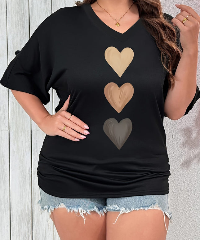 KissICON Plus Size, Plus Size Trendy V-Neck Batwing Sleeve Heart Print T-Shirt - Vintage Style Women's Elegant Short-Sleeve, European and American Hot Oversized Fashion Polyester Casual Top, Machine Washable