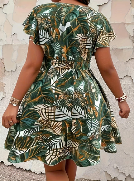 jkthpu-45 Plus Size, Plus Size Tropical Print Short Sleeve Tie-Waist Summer Dress for Women