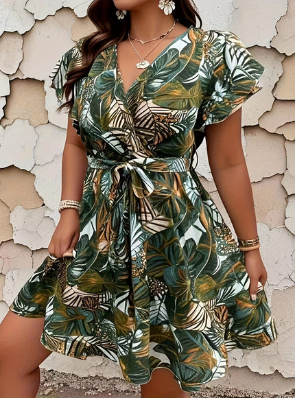 jkthpu-45 Plus Size, Plus Size Tropical Print Short Sleeve Tie-Waist Summer Dress for Women