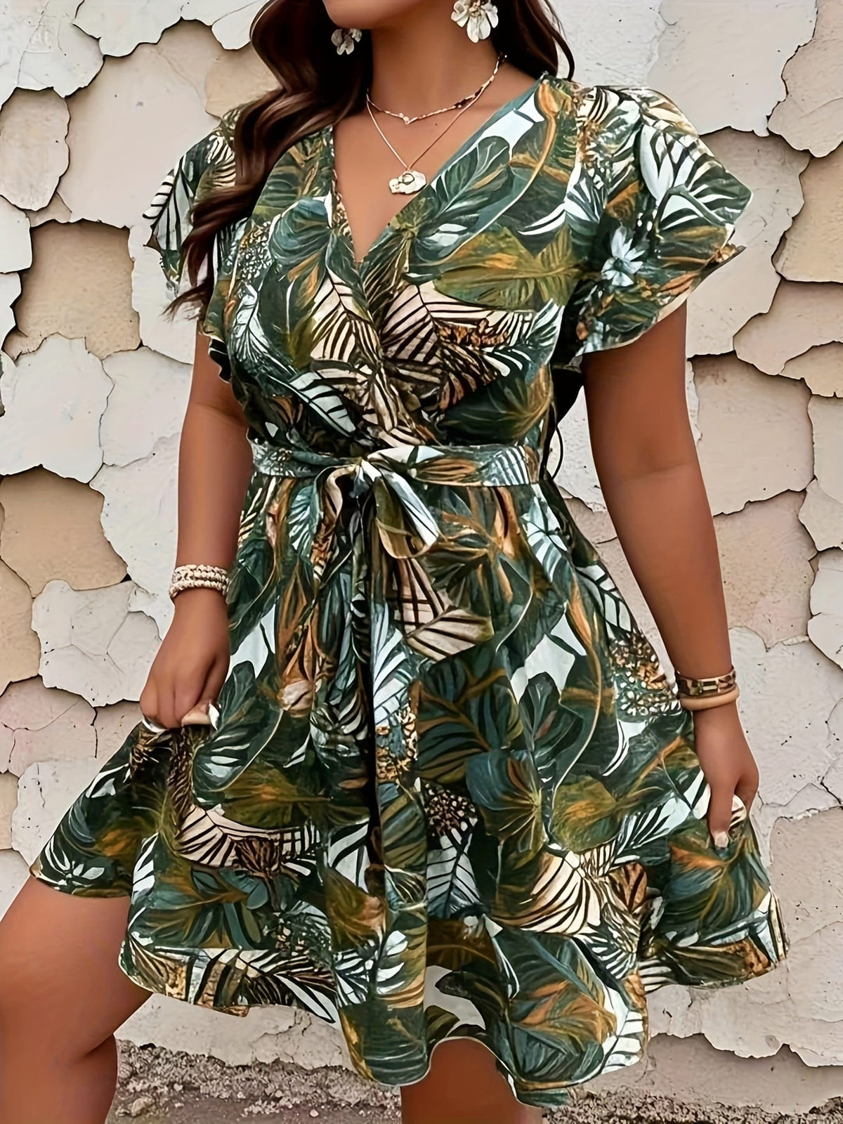 jkthpu-45 Plus Size, Plus Size Tropical Print Short Sleeve Tie-Waist Summer Dress for Women