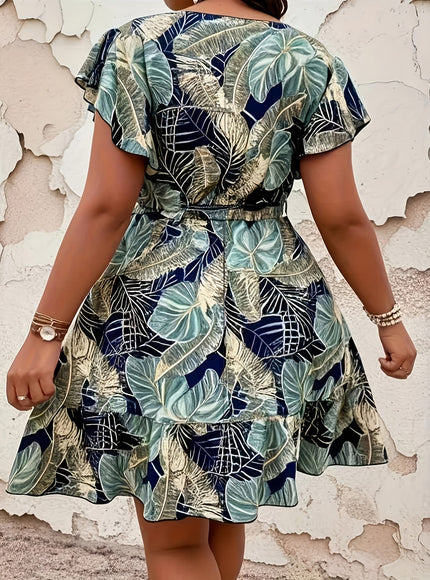 jkthpu-45 Plus Size, Plus Size Tropical Print Short Sleeve Tie-Waist Summer Dress for Women