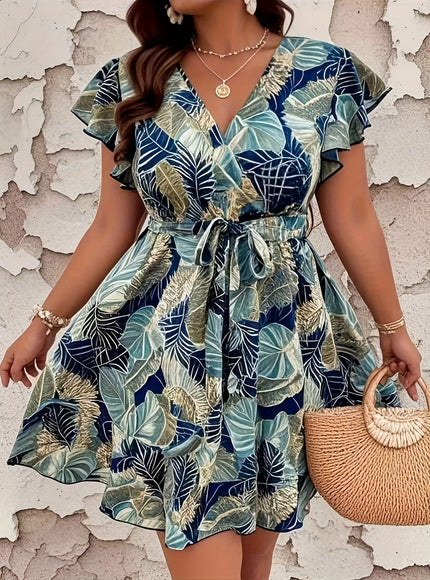 jkthpu-45 Plus Size, Plus Size Tropical Print Short Sleeve Tie-Waist Summer Dress for Women