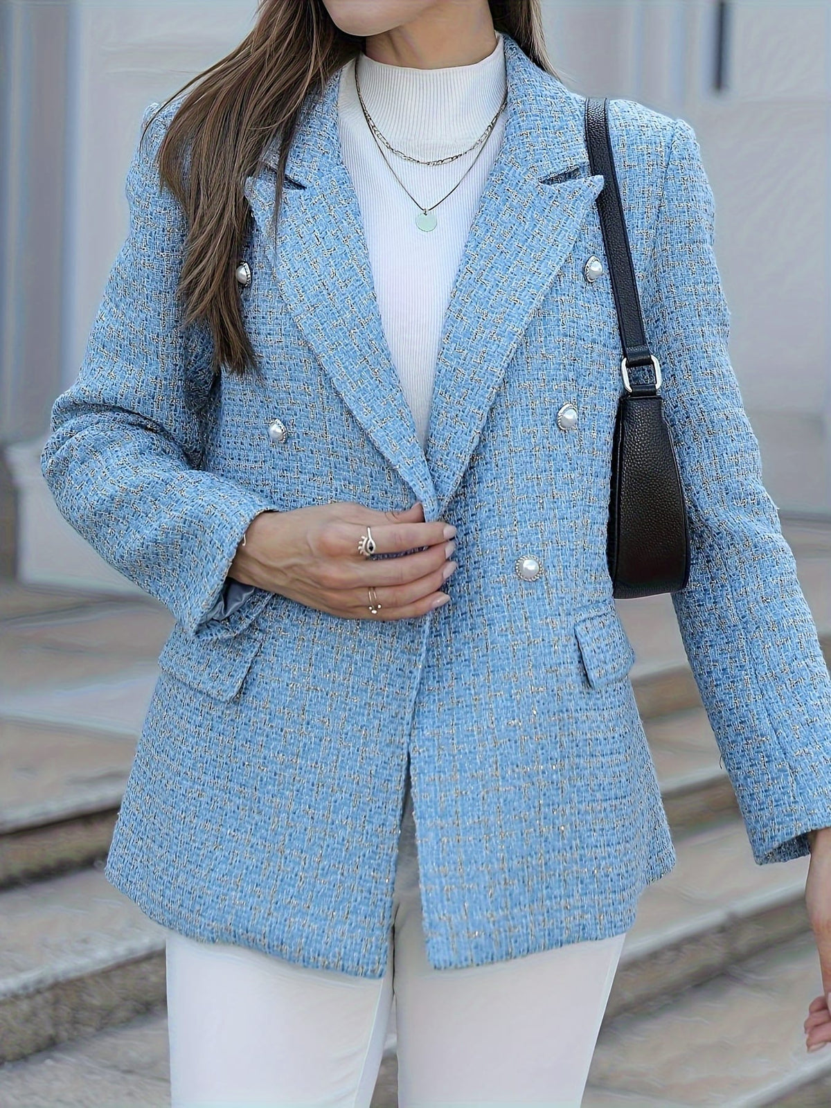 jkthpu-45 Plus Size, Plus Size Tweed Suit Jacket with Double Row Pearl Buttons + Shiny, and Elegant