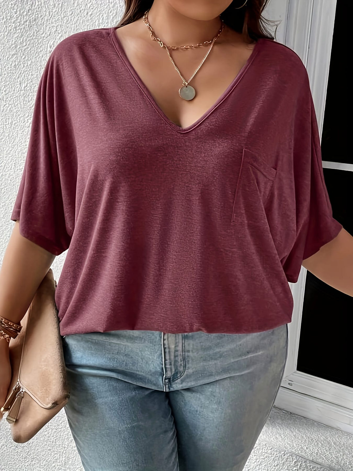 KissICON Plus Size, Plus Size Women's 2pcs Set Deep V Neck Solid Color Pocket Patch T-Shirt