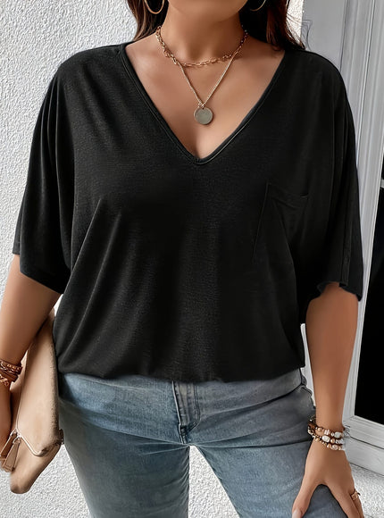 KissICON Plus Size, Plus Size Women's 2pcs Set Deep V Neck Solid Color Pocket Patch T-Shirt