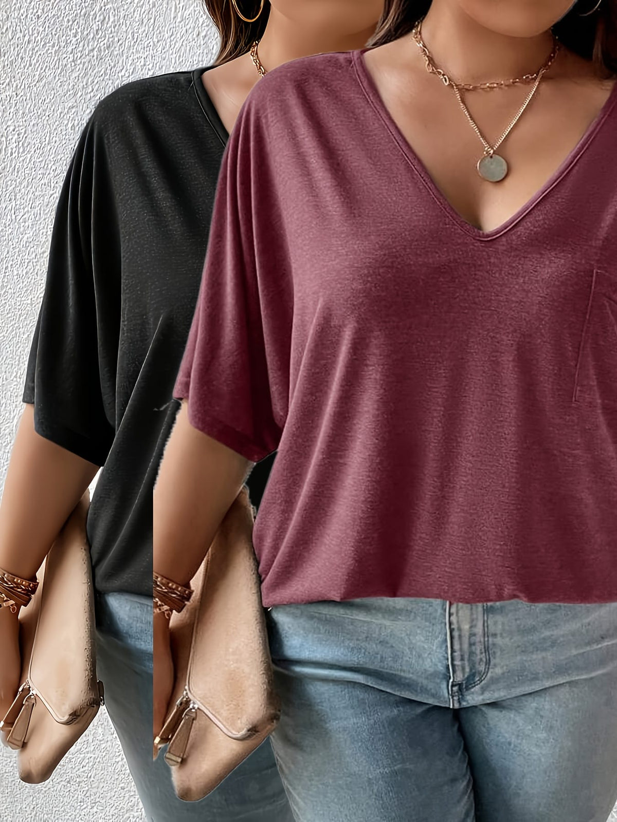 KissICON Plus Size, Plus Size Women's 2pcs Set Deep V Neck Solid Color Pocket Patch T-Shirt