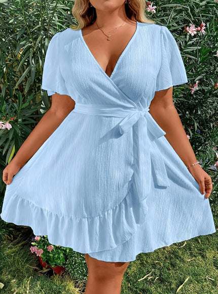 jkthpu-45 Plus Size, Plus Size Women's A-Line Dress - V-Neck Short Sleeve Cross-Over Beach Dress with Ruffled Hem & Smock Waist, Flared for Resort Wear, Vacation Outfits, Casual to Dressy Events (Machine Washable) - All-Season Blue Dress